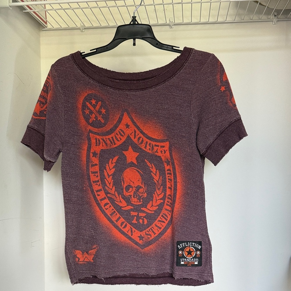 Affliction Maroon and Orange Shield Tee